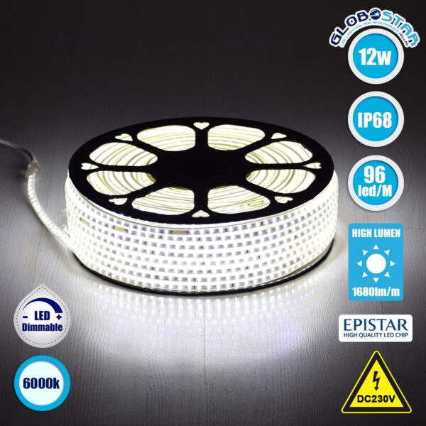 GloboStar® 70500 Slim Ταινία Μονής Σειράς Epistar LED SMD 2835 1m 12W/m 96LED/m 1680lm/m 120° DC 230V Αδιάβροχη IP68 Ψυχρό Λευκό 6000K Dimmable