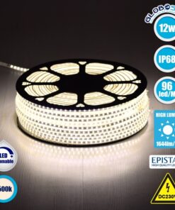 GloboStar® 70501 Slim Ταινία Μονής Σειράς Epistar LED SMD 2835 1m 12W/m 96LED/m 1644lm/m 120° DC 230V Αδιάβροχη IP68 Φυσικό Λευκό 4500K Dimmable