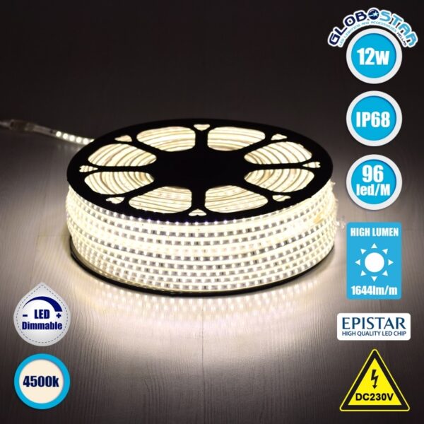 GloboStar® 70501 Slim Ταινία Μονής Σειράς Epistar LED SMD 2835 1m 12W/m 96LED/m 1644lm/m 120° DC 230V Αδιάβροχη IP68 Φυσικό Λευκό 4500K Dimmable