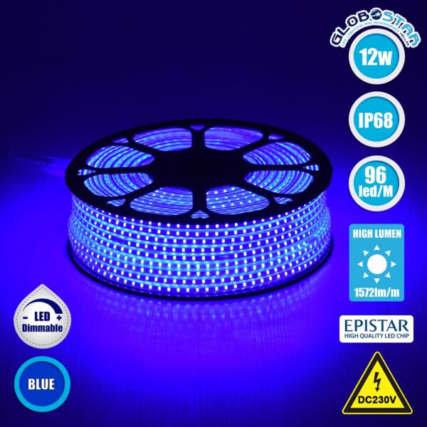 GloboStar® 70506 Slim Ταινία Μονής Σειράς Epistar LED SMD 2835 1m 12W/m 96LED/m 1572lm/m 120° DC 230V Αδιάβροχη IP68 Μπλε Dimmable