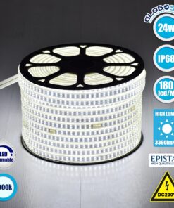 GloboStar® 70510 Wide Ταινία Διπλής Σειράς Epistar LED SMD 2835 1m 24W/m 180LED/m 3360lm/m 120° DC 230V Αδιάβροχη IP68 Ψυχρό Λευκό 6000K Dimmable
