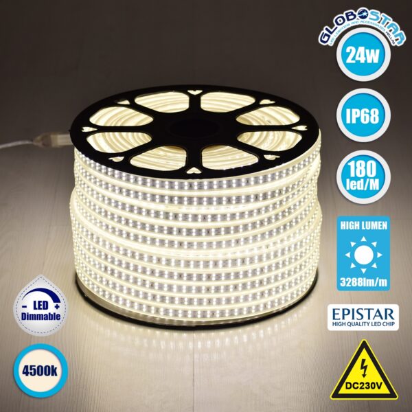 GloboStar® 70511 Wide Ταινία Διπλής Σειράς Epistar LED SMD 2835 1m 24W/m 180LED/m 3288lm/m 120° DC 230V Αδιάβροχη IP68 Φυσικό Λευκό 4500K Dimmable