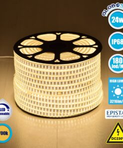 GloboStar® 70512 Wide Ταινία Διπλής Σειράς Epistar LED SMD 2835 1m 24W/m 180LED/m 3216lm/m 120° DC 230V Αδιάβροχη IP68 Θερμό Λευκό 3000K Dimmable