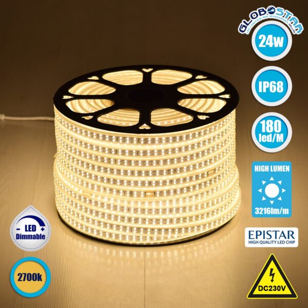 GloboStar® 70512 Wide Ταινία Διπλής Σειράς Epistar LED SMD 2835 1m 24W/m 180LED/m 3216lm/m 120° DC 230V Αδιάβροχη IP68 Θερμό Λευκό 3000K Dimmable