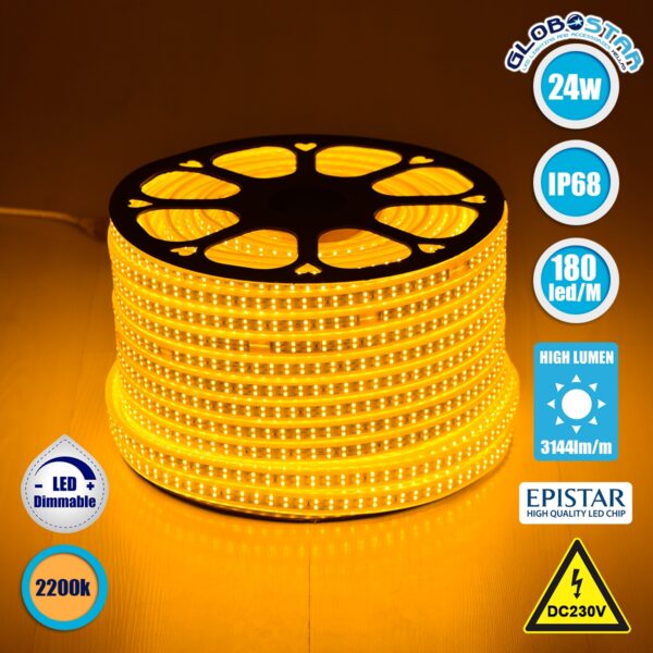 GloboStar® 70513 Wide Ταινία Διπλής Σειράς Epistar LED SMD 2835 1m 24W/m 180LED/m 3144lm/m 120° DC 230V Αδιάβροχη IP68 Ultra Θερμό Λευκό 2200K Dimmable