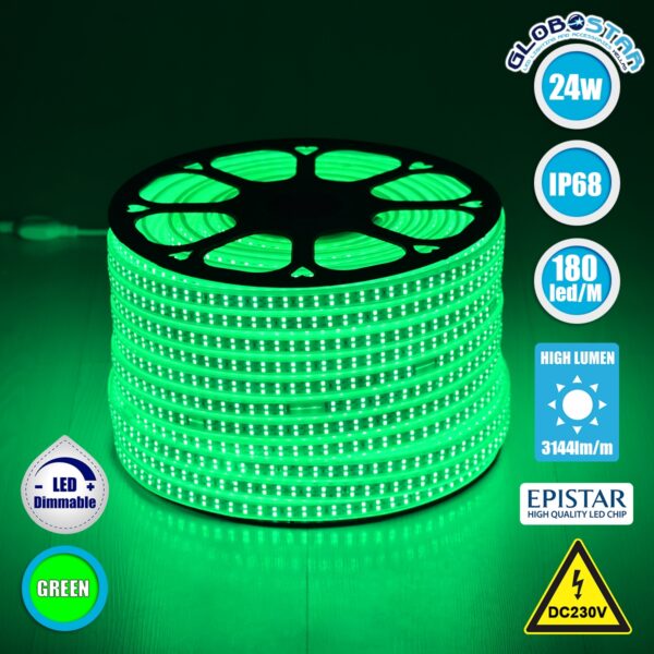 GloboStar® 70515 Wide Ταινία Διπλής Σειράς Epistar LED SMD 2835 1m 24W/m 180LED/m 3144lm/m 120° DC 230V Αδιάβροχη IP68 Πράσινο Dimmable