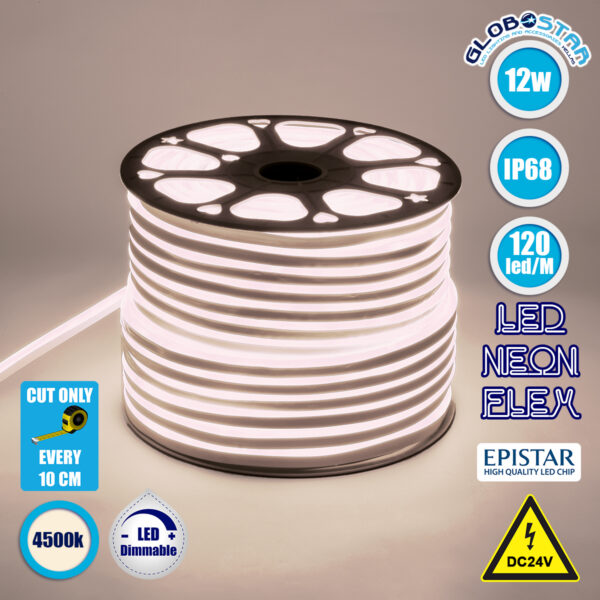 GloboStar® 70561 OVALE 120° Degree Neon Flex Epistar LED SMD 2835 1m 12W/m 120LED/m 1284lm/m 120° DC 24V Αδιάβροχη IP68 Φυσικό Λευκό 4500K Dimmable