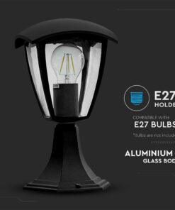 Εξωτερική μαύρη λάμπα αλουμινίου με γυάλινο σώμα, υποδοχή E27, συμβατή με λαμπτήρες E27 (χωρίς λαμπτήρες).