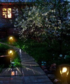 Νυχτερινή κήπος με φωτισμένο μονοπάτι και ανθισμένη κερασιά μπροστά από ξύλινο σπίτι.