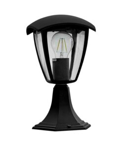 Μοντέρνο μαύρο εξωτερικό φωτιστικό με διάφανο γυαλί και ορατή λάμπα LED, ιδανικό για κήπους.