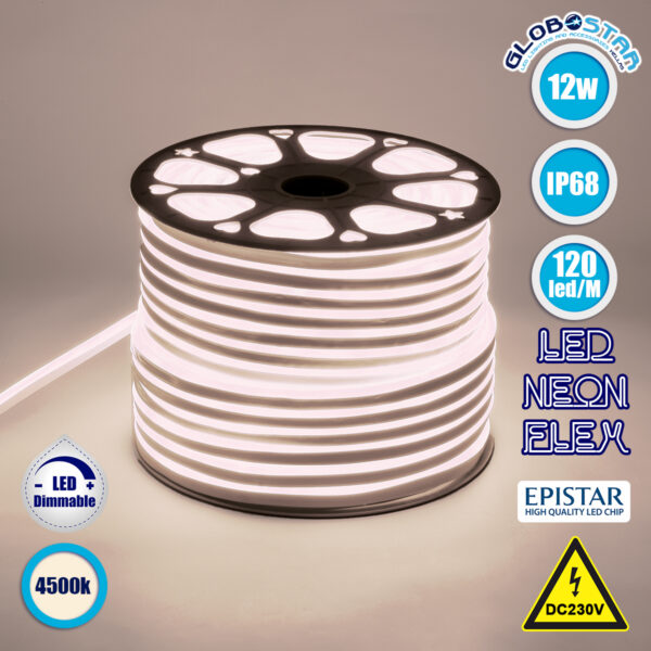 GloboStar® 70571 OVALE 120° Degree Neon Flex Epistar LED SMD 2835 1m 12W/m 120LED/m 1284lm/m 120° DC 230V Αδιάβροχη IP68 Φυσικό Λευκό 4500K Dimmable