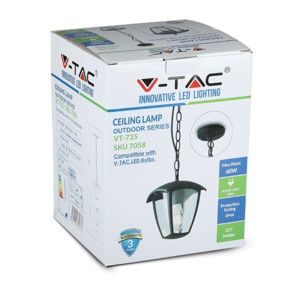 Συσκευασία εξωτερικού φωτιστικού οροφής V-TAC VT-735 με αλυσίδα, 60W, συμβατό με λαμπτήρες LED, IP44.