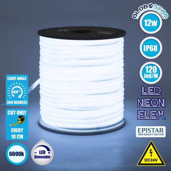 GloboStar® 70580 TUBE 360° Degree Neon Flex Epistar LED SMD 2835 1m 12W/m 120LED/m 1320lm/m 360° DC 24V Αδιάβροχη IP68 Ψυχρό Λευκό 6000K Dimmable