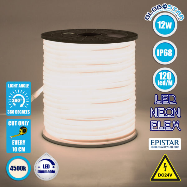 GloboStar® 70581 TUBE 360° Degree Neon Flex Epistar LED SMD 2835 1m 12W/m 120LED/m 1284lm/m 360° DC 24V Αδιάβροχη IP68 Φυσικό Λευκό 4500K Dimmable