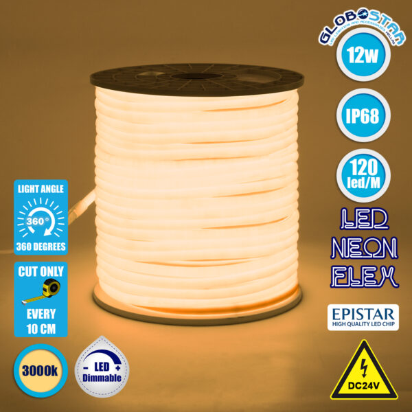 GloboStar® 70582 TUBE 360° Degree Neon Flex Epistar LED SMD 2835 1m 12W/m 120LED/m 1248lm/m 360° DC 24V Αδιάβροχη IP68 Θερμό Λευκό 3000K Dimmable