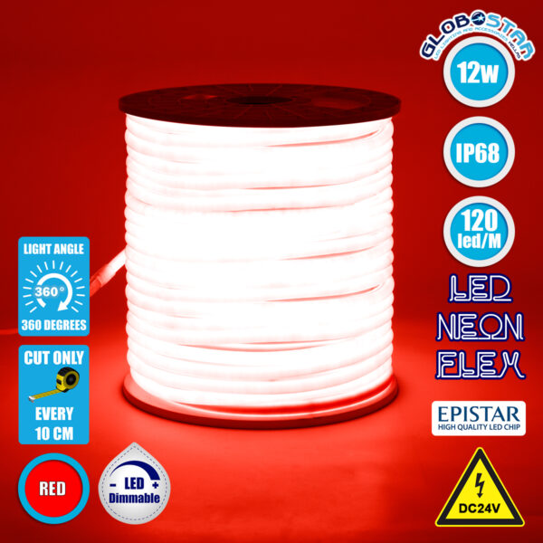 GloboStar® 70583 TUBE 360° Degree Neon Flex Epistar LED SMD 2835 1m 12W/m 120LED/m 1212lm/m 360° DC 24V Αδιάβροχη IP68 Κόκκινο Dimmable