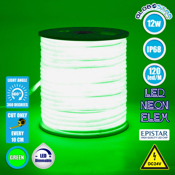 GloboStar® 70584 TUBE 360° Degree Neon Flex Epistar LED SMD 2835 1m 12W/m 120LED/m 1212lm/m 360° DC 24V Αδιάβροχη IP68 Πράσινο Dimmable