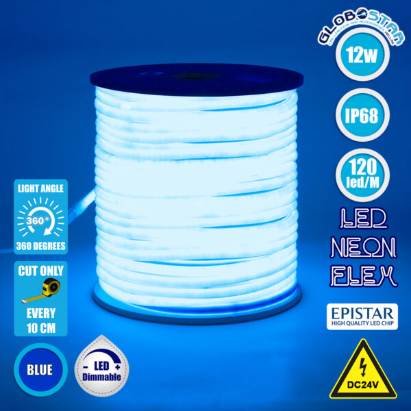 GloboStar® 70585 TUBE 360° Degree Neon Flex Epistar LED SMD 2835 1m 12W/m 120LED/m 1212lm/m 360° DC 24V Αδιάβροχη IP68 Μπλε Dimmable