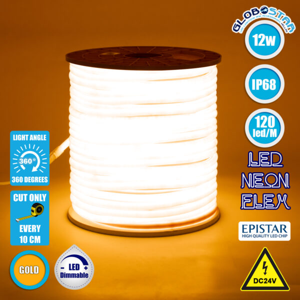 GloboStar® 70586 TUBE 360° Degree Neon Flex Epistar LED SMD 2835 1m 12W/m 120LED/m 1212lm/m 360° DC 24V Αδιάβροχη IP68 Gold - Ultra Θερμό 2200K Dimmable