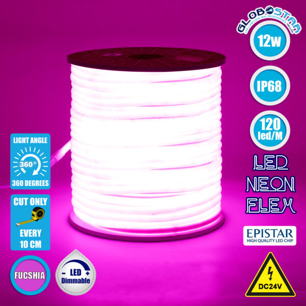 GloboStar® 70587 TUBE 360° Degree Neon Flex Epistar LED SMD 2835 1m 12W/m 120LED/m 1212lm/m 360° DC 24V Αδιάβροχη IP68 Ροζ Dimmable