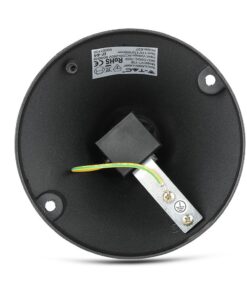 Πίσω όψη στρογγυλού μαύρου εξαρτήματος με καλώδιο γείωσης και μεταλλική βάση στερέωσης.