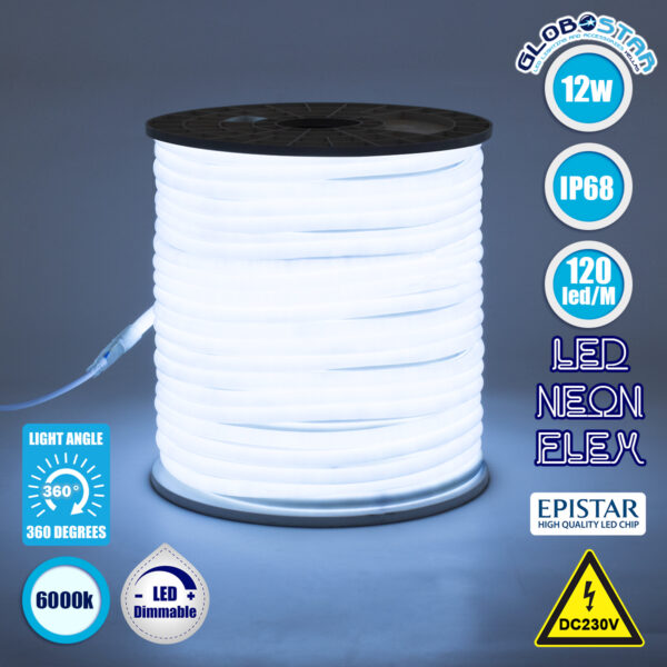 GloboStar® 70590 TUBE 360° Degree Neon Flex Epistar LED SMD 2835 1m 12W/m 120LED/m 1320lm/m 360° DC 230V Αδιάβροχη IP68 Ψυχρό Λευκό 6000K Dimmable