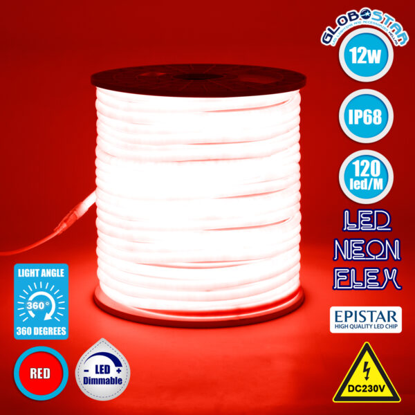 GloboStar® 70593 TUBE 360° Degree Neon Flex Epistar LED SMD 2835 1m 12W/m 120LED/m 1212lm/m 360° DC 230V Αδιάβροχη IP68 Κόκκινο Dimmable