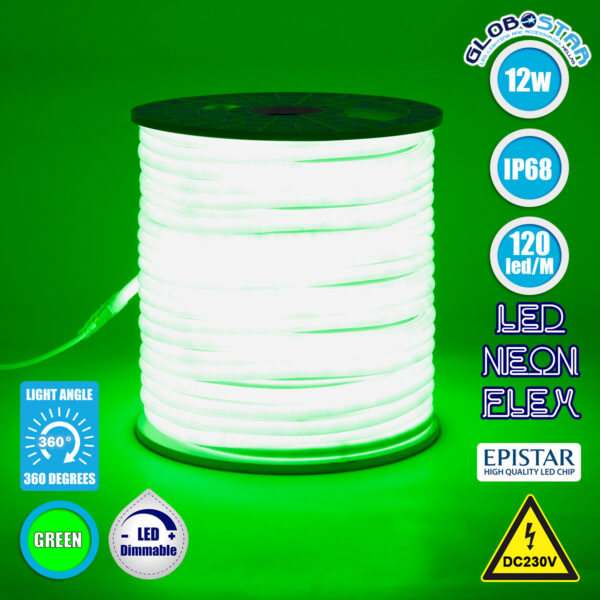 GloboStar® 70594 TUBE 360° Degree Neon Flex Epistar LED SMD 2835 1m 12W/m 120LED/m 1212lm/m 360° DC 230V Αδιάβροχη IP68 Πράσινο Dimmable