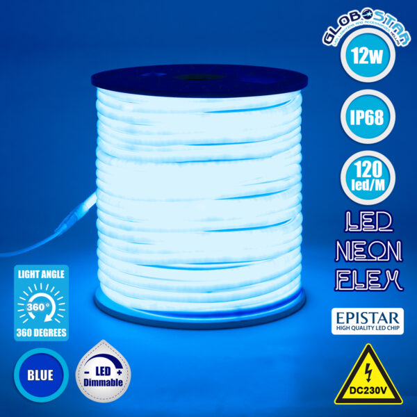 GloboStar® 70595 TUBE 360° Degree Neon Flex Epistar LED SMD 2835 1m 12W/m 120LED/m 1212lm/m 360° DC 230V Αδιάβροχη IP68 Μπλε Dimmable