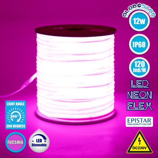 GloboStar® 70597 TUBE 360° Degree Neon Flex Epistar LED SMD 2835 1m 12W/m 120LED/m 1212lm/m 360° DC 230V Αδιάβροχη IP68 Ροζ Dimmable