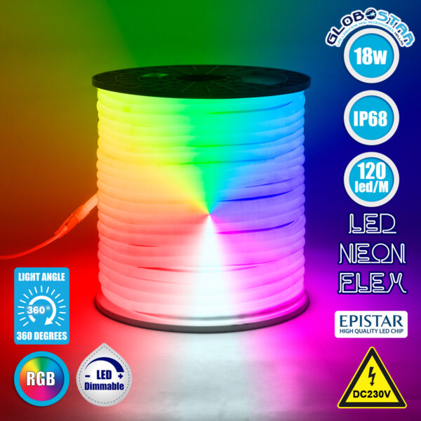 GloboStar® 70598 TUBE 360° Degree Neon Flex Epistar LED SMD 5050 1m 18W/m 120LED/m 1818lm/m 360° DC 230V Αδιάβροχη IP68 RGB Dimmable