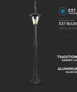 Παραδοσιακός λαμπτήρας κήπου, μαύρο χρώμα, κατάλληλος για E27 λάμπες, σώμα από αλουμίνιο και γυαλί.