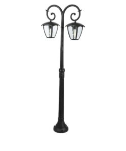 Δίφωτο μαύρο φωτιστικό δαπέδου εξωτερικού χώρου από μέταλλο, κλασική σχεδίαση για κήπους και βεράντες.