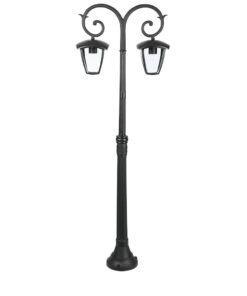 Δίφωτος στύλος φωτισμού εξωτερικού χώρου, κλασικό σχέδιο, μαύρο μεταλλικό, ανθεκτικό στις καιρικές συνθήκες.