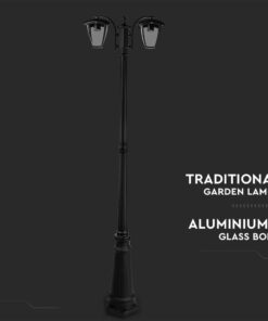 Παραδοσιακά φωτιστικά κήπου με σώμα από αλουμίνιο και γυαλί, σε μοντέρνο μαύρο φόντο.