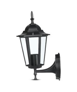 Επιτοίχιο φανάρι εξωτερικού χώρου, μαύρο μέταλλο, γυάλινα πάνελ, κλασικό σχέδιο φωτισμού.
