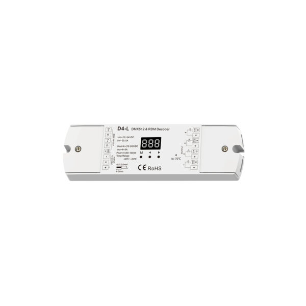 GloboStar® 70668 D4-L SKYDANCE DC DMX & RDM Dimmer High Speed Controller / Decoder 4 Καναλιών DC 12-24V 4 x 5A 120W – Max 20.5A 480W – IP20 Μ17 x Π5 x Υ2.5cm – 5 Years Warranty