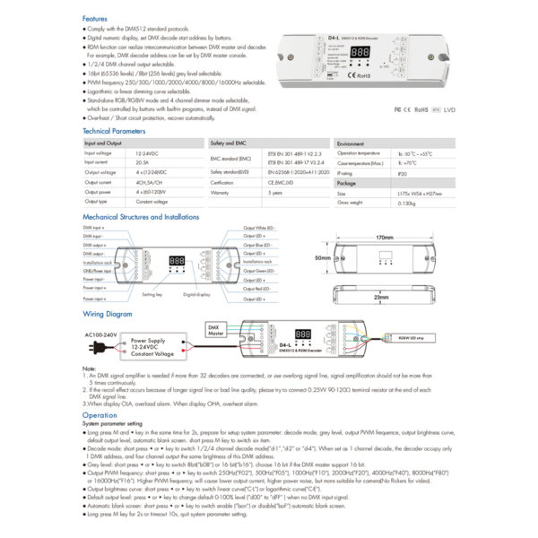 GloboStar® 70668 D4-L SKYDANCE DC DMX & RDM Dimmer High Speed Controller / Decoder 4 Καναλιών DC 12-24V 4 x 5A 120W – Max 20.5A 480W – IP20 Μ17 x Π5 x Υ2.5cm – 5 Years Warranty