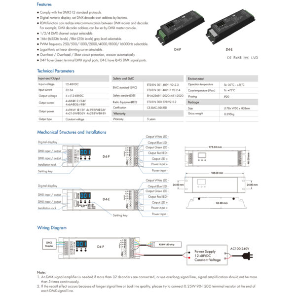 GloboStar® 70669 D4-P SKYDANCE DC DMX & RDM Dimmer High Speed Controller / Decoder 4 Καναλιών DC 12-48V 4 x 8A 384W – Max 32.5A 1152W – IP20 Μ17.5 x Π4.5 x Υ2.8cm – 5 Years Warranty