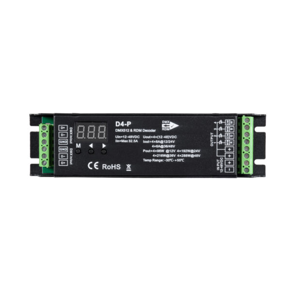 GloboStar® 70669 D4-P SKYDANCE DC DMX & RDM Dimmer High Speed Controller / Decoder 4 Καναλιών DC 12-48V 4 x 8A 384W – Max 32.5A 1152W – IP20 Μ17.5 x Π4.5 x Υ2.8cm – 5 Years Warranty