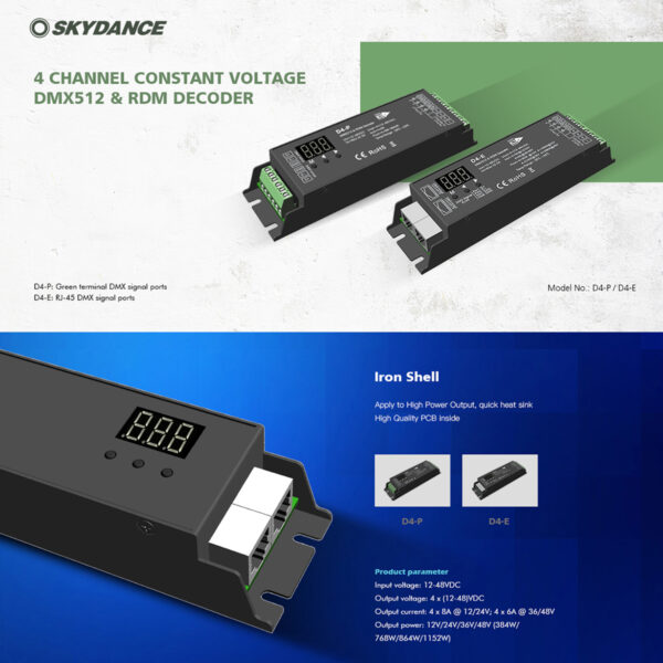 GloboStar® 70669 D4-P SKYDANCE DC DMX & RDM Dimmer High Speed Controller / Decoder 4 Καναλιών DC 12-48V 4 x 8A 384W – Max 32.5A 1152W – IP20 Μ17.5 x Π4.5 x Υ2.8cm – 5 Years Warranty