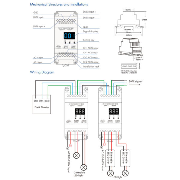 GloboStar® 70670 S1-DR SKYDANCE AC Triac DMX Dimmer Din Rail Ράγας 2 Καναλιών AC 100-240V 2 x 1.5A 360W – Max 3A 720W – IP20 DMX512 Μ11.5 x Π5 x Υ6.5cm – 5 Years Warranty