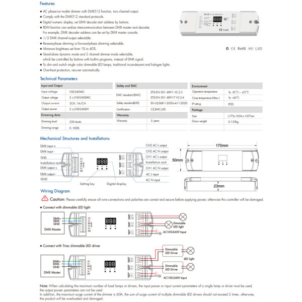 GloboStar® 70671 S1-D SKYDANCE AC Triac DMX Dimmer 2 Καναλιών AC 100-240V 2 x 1A 240W – Max 2A 480W – IP20 Μ16.7 x Π5 x Υ2.4cm – 5 Years Warranty