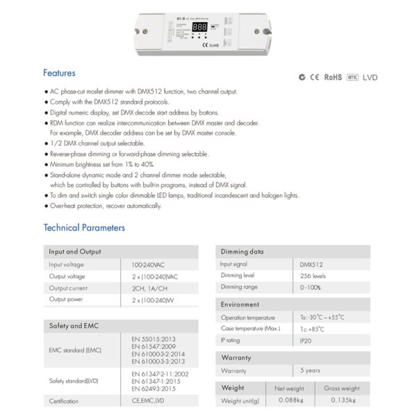 GloboStar® 70671 S1-D SKYDANCE AC Triac DMX Dimmer 2 Καναλιών AC 100-240V 2 x 1A 240W – Max 2A 480W – IP20 Μ16.7 x Π5 x Υ2.4cm – 5 Years Warranty