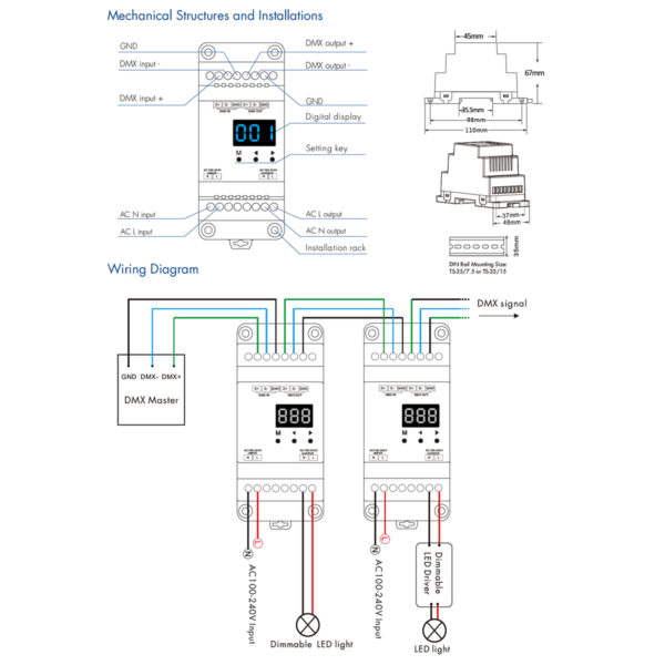 GloboStar® 70672 S1-D1 SKYDANCE AC Triac DMX Dimmer Din Rail Ράγας 1 Καναλιού AC 100-240V 1 x 2A 480W – Max 2A 480W – IP20 DMX512 Μ11.5 x Π5 x Υ6.5cm – 5 Years Warranty