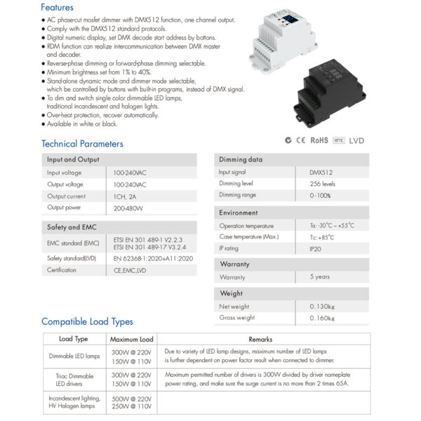 GloboStar® 70672 S1-D1 SKYDANCE AC Triac DMX Dimmer Din Rail Ράγας 1 Καναλιού AC 100-240V 1 x 2A 480W – Max 2A 480W – IP20 DMX512 Μ11.5 x Π5 x Υ6.5cm – 5 Years Warranty