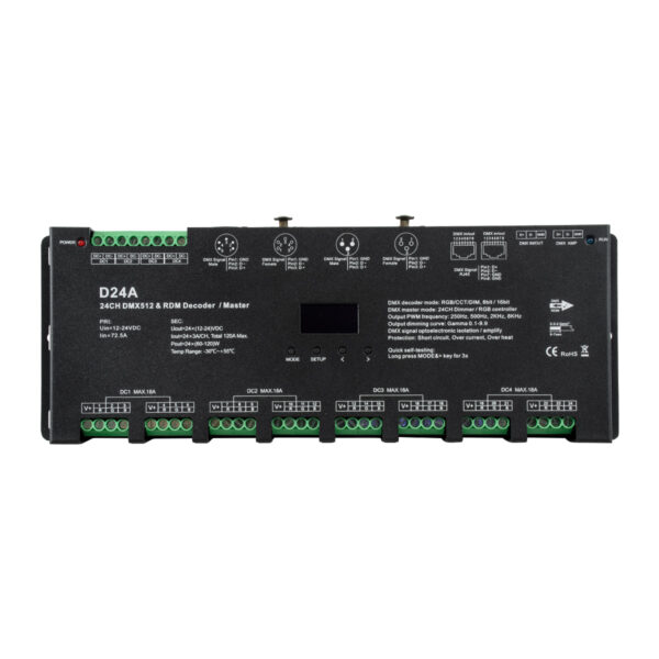 GloboStar® 70673 D24A SKYDANCE DC DMX & RDM Dimmer High Speed Controller / Decoder / Master 24 Καναλιών DC 12-24V 24 x 3A 72W – Max 72.5A 1740W – IP20 DMX512 Μ16.7 x Π5 x Υ2.4cm – 5 Years Warranty