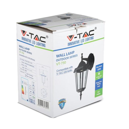 Εξωτερικό φωτιστικό τοίχου V-TAC VT-750, μαύρο, για LED λάμπες, 60W, IP44 προστασία, 3 χρόνια εγγύηση.