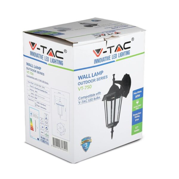 Εξωτερικό φωτιστικό τοίχου V-TAC VT-750, μαύρο, για LED λάμπες, 60W, IP44 προστασία, 3 χρόνια εγγύηση.