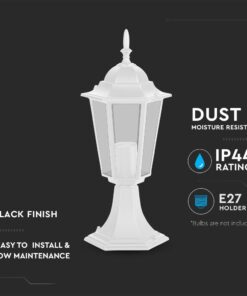Λευκό φωτιστικό εξωτερικού χώρου, ανθεκτικό σε σκόνη και υγρασία, IP44, υποδοχή E27, εύκολη εγκατάσταση.